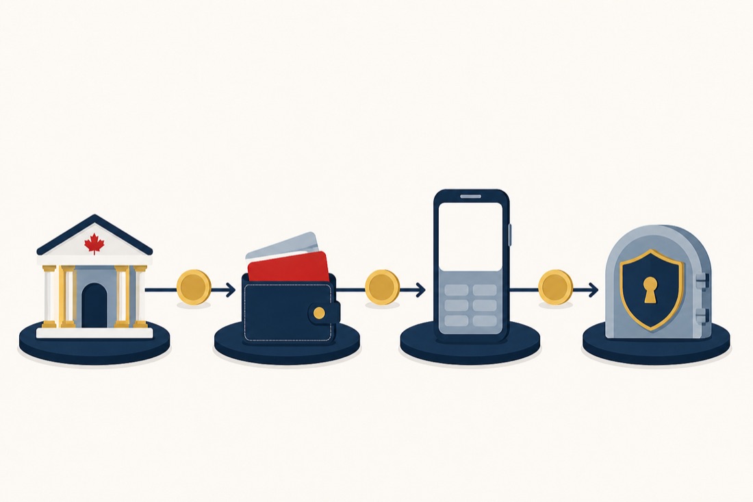 Four-stage diagram showing money moving from a bank to a wallet to a casino cashier