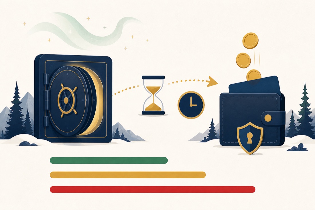 Illustration of a withdrawal moving from a casino vault to an e-wallet with a pending clock between them