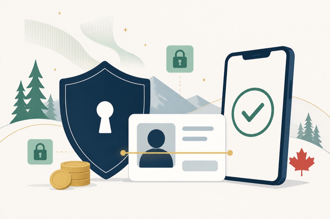 Illustration of identity verification: a shield, an ID card and a phone showing a verification tick